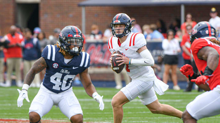 Navy team quarterback Walker Howard (7) rolls out during Ole Miss Grove Bowl at Vaught-Hemingway Stadium in Oxford, Miss. on Saturday, April 15, 2023.
Ole Miss Grove Bowl Navy team quarterback Walker Howard (7) rolls out during Ole Miss Grove Bowl at Vaught-Hemingway Stadium in Oxford, Miss. on Saturday, April 15, 2023.
Ole Miss Grove Bowl