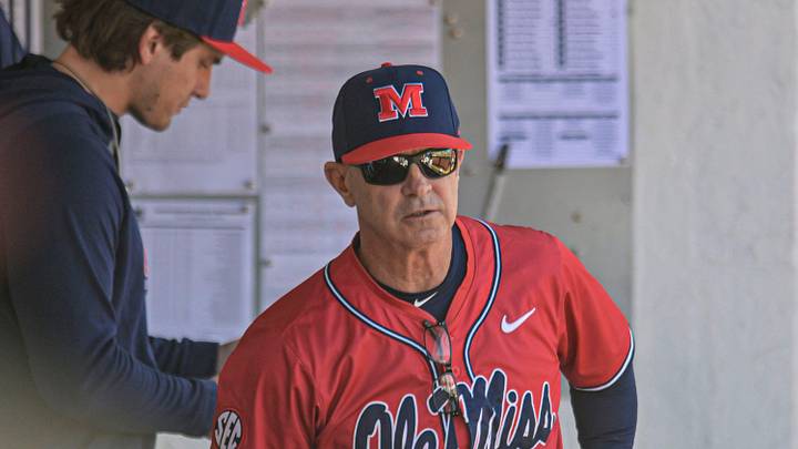 Ole Miss head coach Mike Bianco (5) talks in the dugout during the game against Mississippi State in Oxford, Miss. on Saturday, March 28, 2026. Ole Miss head coach Mike Bianco (5) talks in the dugout during the game against Mississippi State in Oxford, Miss. on Saturday, March 28, 2026.