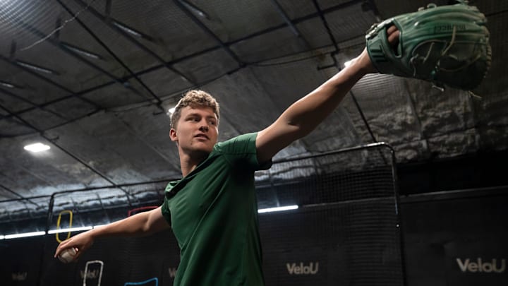 Former Fox Lane High School pitcher Michael Lombardi works out at Velo University on Thursday, July 10, 2025, just days ahead of the MLB draft.