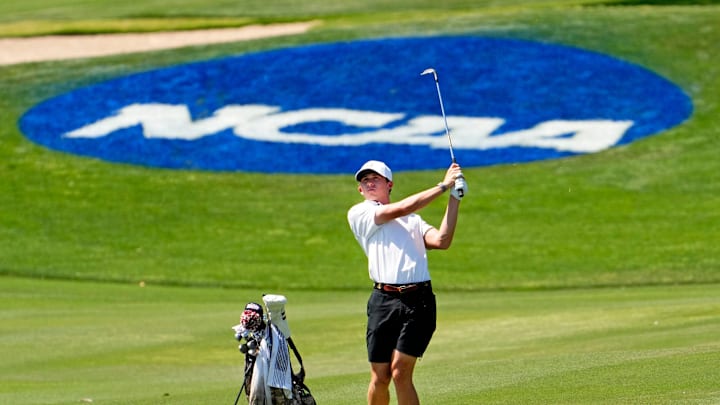 Vanderbilt golfer Gordon Sargent plays his third shot on the 18th hole during the first round of the 2023 NCAA Division I Men's Golf Championships at Grayhawk Golf Club in Scottsdale on May 26, 2023.