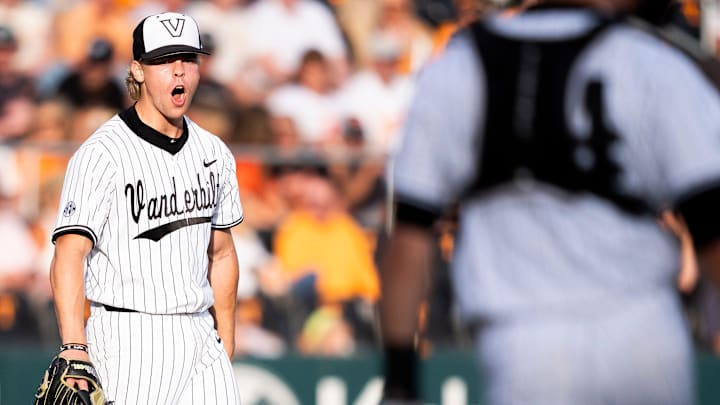 Vanderbilt's JD Thompson (22) celebrates an out during a college baseball game between Tennessee and Vanderbilt at Lindsey Nelson Stadium in Knoxville, Tenn., on May 9, 2025.