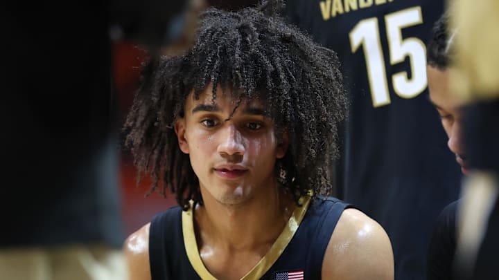 Mar 7, 2026; Knoxville, Tennessee, USA;  Vanderbilt Commodores guard Tyler Tanner (3) during a timeout against the Tennessee Volunteers during the first half at Thompson-Boling Arena at Food City Center. Mandatory Credit: Randy Sartin-Imagn Images