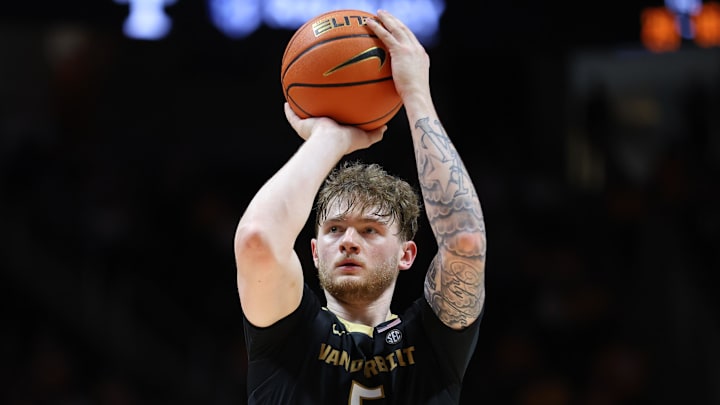 Mar 7, 2026; Knoxville, Tennessee, USA;  Vanderbilt Commodores forward Tyler Nickel (5) shoots a free throw against the Tennessee Volunteers during the second half at Thompson-Boling Arena at Food City Center. Mandatory Credit: Randy Sartin-Imagn Images