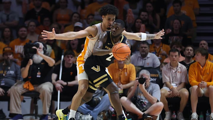 Mar 7, 2026; Knoxville, Tennessee, USA;  Vanderbilt Commodores guard Duke Miles (2) moves the ball against the Tennessee Volunteers during the first half at Thompson-Boling Arena at Food City Center. Mandatory Credit: Randy Sartin-Imagn Images
