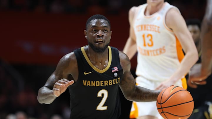 Mar 7, 2026; Knoxville, Tennessee, USA;  Vanderbilt Commodores guard Duke Miles (2) brings the ball up court against the Tennessee Volunteers during the second half at Thompson-Boling Arena at Food City Center. Mandatory Credit: Randy Sartin-Imagn Images