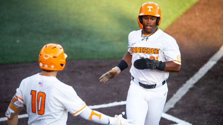 Tennessee's Kavares Tears (21) scores a run during a NCAA baseball tournament Knoxville Regional game between Tennessee and Northern Kentucky held at Lindsey Nelson Stadium on Friday, May 31, 2024. Tennessee's Kavares Tears (21) scores a run during a NCAA baseball tournament Knoxville Regional game between Tennessee and Northern Kentucky held at Lindsey Nelson Stadium on Friday, May 31, 2024.