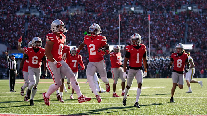 Ohio State Buckeyes safety Caleb Downs (2) celebrates an interception during the second half of the NCAA football game against the Michigan Wolverines at Ohio Stadium in Columbus on Saturday, Nov. 30, 2024. Michigan won 13-10.