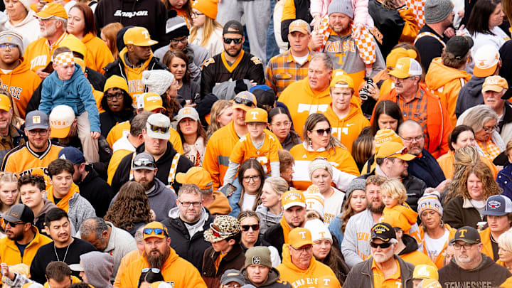 Fans wait for the start of the Vol Walk before a college football game between Tennessee and UTEP at Neyland Stadium in Knoxville, Tenn., Saturday, Nov. 23, 2024.