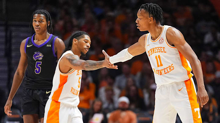 Tennessee guard Zakai Zeigler (5) and Tennessee guard Jordan Gainey (11) during a college basketball game between Tennessee and Western Carolina held at Thompson-Boling Arena at Food City Center in Knoxville, Tenn., on Tuesday, Dec. 17, 2024.