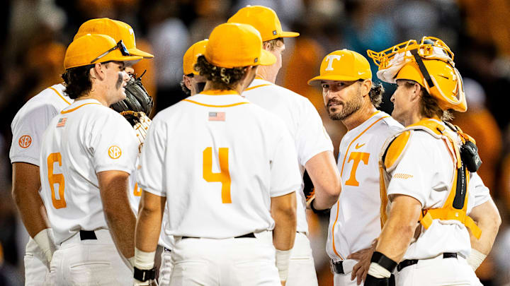 Tennessee head coach Tony Vitello visits with his players as he takes pitcher Liam Doyle out of the game during a NCAA Baseball Tournament Knoxville Regional game between Tennessee and Miami Ohio on May 30, 2025. Tennessee head coach Tony Vitello visits with his players as he takes pitcher Liam Doyle out of the game during a NCAA Baseball Tournament Knoxville Regional game between Tennessee and Miami Ohio on May 30, 2025.