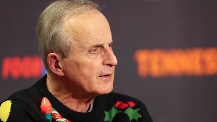 Dec 21, 2025; Knoxville, Tennessee, USA;  Tennessee Volunteers head coach Rick Barnes speaks with the media after the game against the Gardner-Webb Runnin' Bulldogs at Thompson-Boling Arena at Food City Center. Mandatory Credit: Randy Sartin-Imagn Images