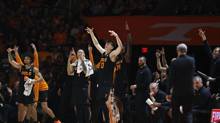 Feb 14, 2026; Knoxville, Tennessee, USA; The Tennessee Volunteers bench reacts to a three-point basket against the Louisiana State Tigers during the first half at Thompson-Boling Arena at Food City Center. Mandatory Credit: Randy Sartin-Imagn Images Feb 14, 2026; Knoxville, Tennessee, USA; The Tennessee Volunteers bench reacts to a three-point basket against the Louisiana State Tigers during the first half at Thompson-Boling Arena at Food City Center. Mandatory Credit: Randy Sartin-Imagn Images