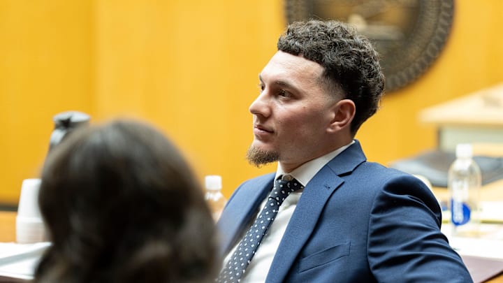 Tennessee quarterback Joey Aguilar during a hearing for Aguilar in Knox County Chancery Court in Knoxville, Tenn., on Feb. 13, 2026.