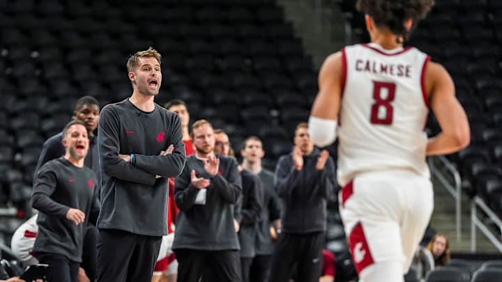 Washington State Cougars head coach David Riley shouts to his team from the bench during the first half of their game in the Acrisure Series in Palm Desert, Calif., Wednesday, Nov. 27, 2024. Washington State Cougars head coach David Riley shouts to his team from the bench during the first half of their game in the Acrisure Series in Palm Desert, Calif., Wednesday, Nov. 27, 2024.