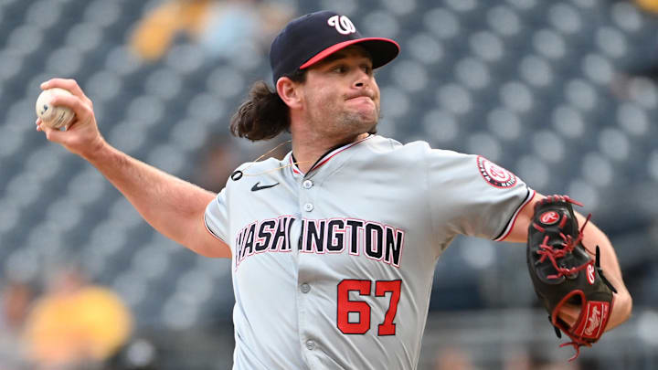 Sep 7, 2024; Pittsburgh, Pennsylvania, USA; Washington Nationals closer Kyle Finnegan (67) pitches to the Pittsburgh Pirates during the ninth inning to earn a save at PNC Park Sep 7, 2024; Pittsburgh, Pennsylvania, USA; Washington Nationals closer Kyle Finnegan (67) pitches to the Pittsburgh Pirates during the ninth inning to earn a save at PNC Park