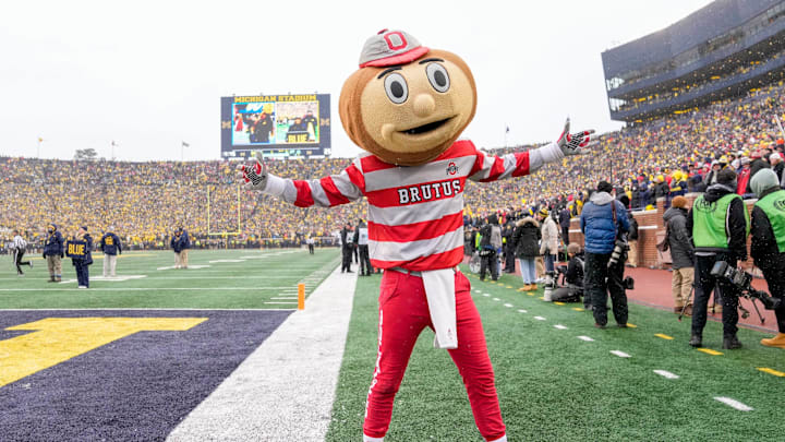 Mascot: Ohio State mascot Brutus Buckeye. Mascot: Ohio State mascot Brutus Buckeye.