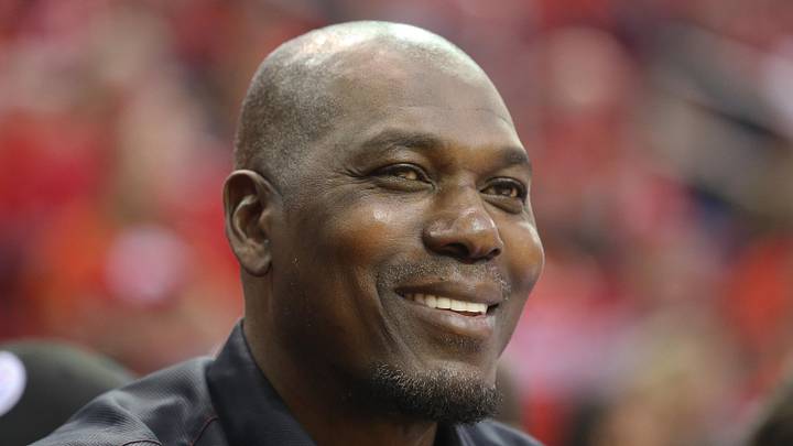May 10, 2019; Houston, TX, USA; Hakeem Olajuwon watches the Houston Rockets play the Golden State Warriors in game six of the second round of the 2019 NBA Playoffs at Toyota Center. Mandatory Credit: Thomas B. Shea-Imagn Images