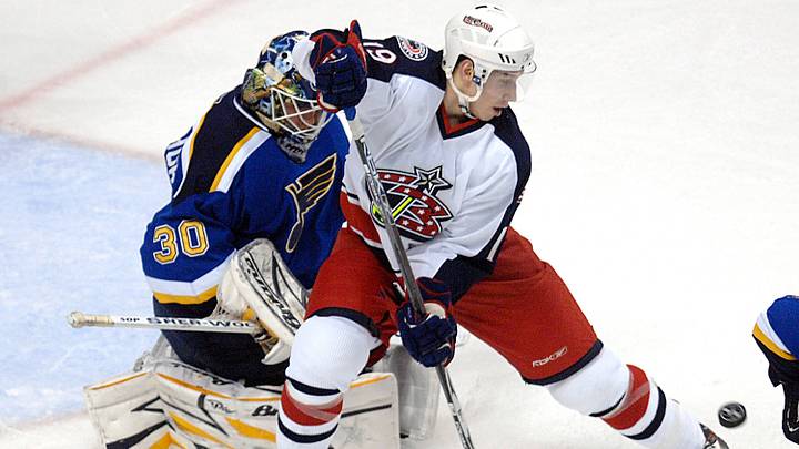 Mar 27, 2007; St. Louis, MO, USA; Columbus Blue Jackets forward Alexandre Picard (19) attempts to screen St. Louis Blues goalie Jason Bacashihua (30) during the second period at the Scottrade Center in St. Louis, MO. The Blue Jackets defeated the blues 4-1. Mandatory Credit:Scott Rovak-USA TODAY Sports Copyright © Scott Rovak Mar 27, 2007; St. Louis, MO, USA; Columbus Blue Jackets forward Alexandre Picard (19) attempts to screen St. Louis Blues goalie Jason Bacashihua (30) during the second period at the Scottrade Center in St. Louis, MO. The Blue Jackets defeated the blues 4-1. Mandatory Credit:Scott Rovak-USA TODAY Sports Copyright © Scott Rovak