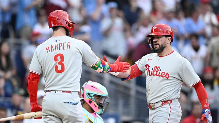 Jul 11, 2025; San Diego, California, USA; Philadelphia Phillies left fielder Kyle Schwarber (12) is congratulated by Bryce Harper (3) bases after hitting a solo home run during the third inning against the San Diego Padres at Petco Park. Mandatory Credit: Denis Poroy-Imagn Images Jul 11, 2025; San Diego, California, USA; Philadelphia Phillies left fielder Kyle Schwarber (12) is congratulated by Bryce Harper (3) bases after hitting a solo home run during the third inning against the San Diego Padres at Petco Park. Mandatory Credit: Denis Poroy-Imagn Images