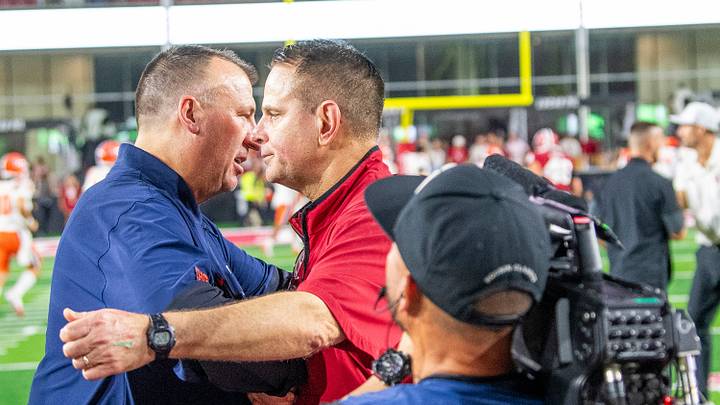 Illinois' Head Coach Bret Bielema and Indiana Head Coach Curt Cignetti meet after the game during the Indiana versus Illinois football game at Memorial Stadium on Saturday, Sept. 20, 2025