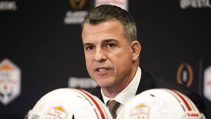Head coach Mario Cristobal of Miami makes final pregame comments before their matchup with Mississippi at the Fiesta Bowl during a news conference at the JW Marriott Scottsdale Camelback Inn Resort on Jan. 7, 2026.