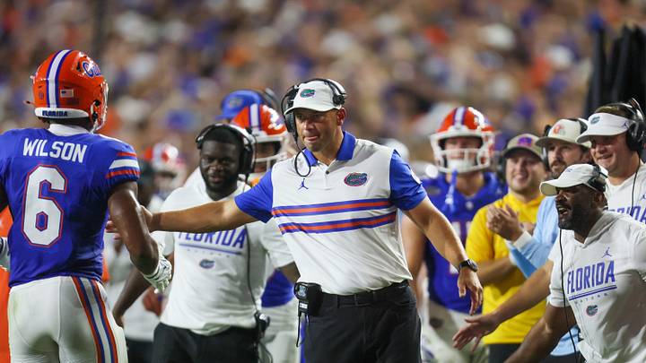 Florida head coach Jon Sumrall celebrates a score during the first half an NCAA football game at Steve Spurrier Field at Ben Hill Griffin Stadium in Gainesville, FL on Saturday, September 5, 2026. [Alan Youngblood/Gainesville Sun]