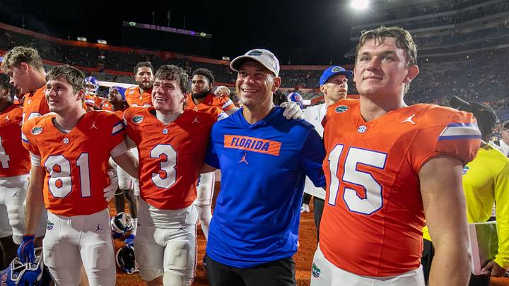 Florida head coach Jon Sumrall celebrates beating Campbell with his team during an NCAA football game at Steve Spurrier Field at Ben Hill Griffin Stadium in Gainesville, FL on Saturday, September 12, 2026. Florida won 52-3[Alan Youngblood/Gainesville Sun]