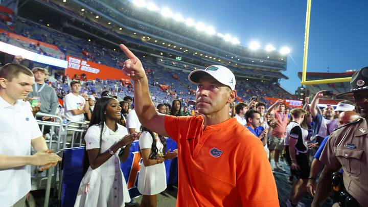 Florida head coach Jon Sumrall reacts to fans after Florida beat Ole Miss 52-28 after the second half an NCAA football game against Mississippi at Steve Spurrier Field at Ben Hill Griffin Stadium in Gainesville, FL on Saturday, September 26, 2026.