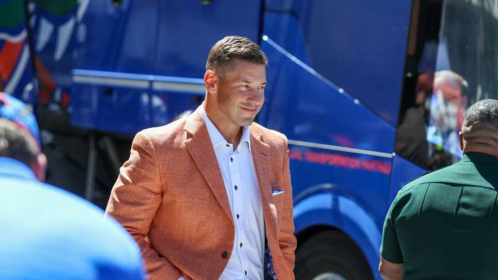 Florida head coach Jon Sumrall gets off the buss during gator walk before an NCAA football game against Mississippi at Steve Spurrier Field at Ben Hill Griffin Stadium in Gainesville, FL on Saturday, September 26, 2026. [Alan Youngblood/Gainesville Sun]