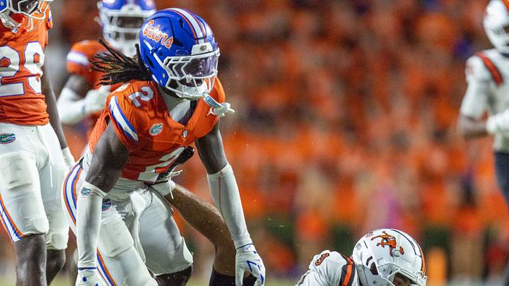 Florida safety Lagonza Hayward (2) drops Campbell wide receiver Barry Tate (3)  during the second half of an NCAA football game at Steve Spurrier Field at Ben Hill Griffin Stadium in Gainesville, FL on Saturday, September 12, 2026. Florida won 52-3[Alan Youngblood/Gainesville Sun]