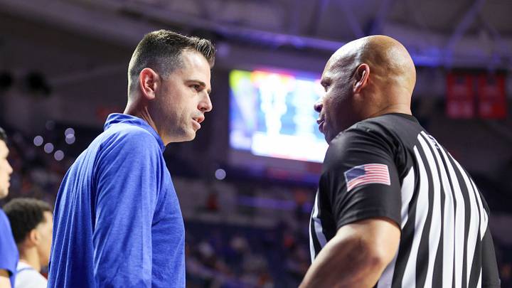 Florida Head Coach Todd Golden complains about a call during the second half of an NCAA exhibition basketball game at Steven C. O'Connell Center Exactek arena in Gainesville, FL on Tuesday, October 27, 2026. Florida won 68-85. [Alan Youngblood/Gainesville Sun]