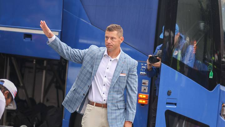 Florida head coach Jon Sumrall gets off the bus  during Gator Walk before an NCAA football at Steve Spurrier Field at Ben Hill Griffin Stadium in Gainesville, FL on Saturday, October 10, 2026. [Alan Youngblood/Gainesville Sun]