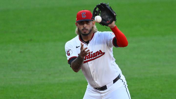 Aug 4, 2026; Cleveland, Ohio, USA; Cleveland Guardians third baseman Gabriel Arias (13) fields a ground ball in the second inning against the New York Mets at Progressive Field. Mandatory Credit: David Richard-Imagn Images