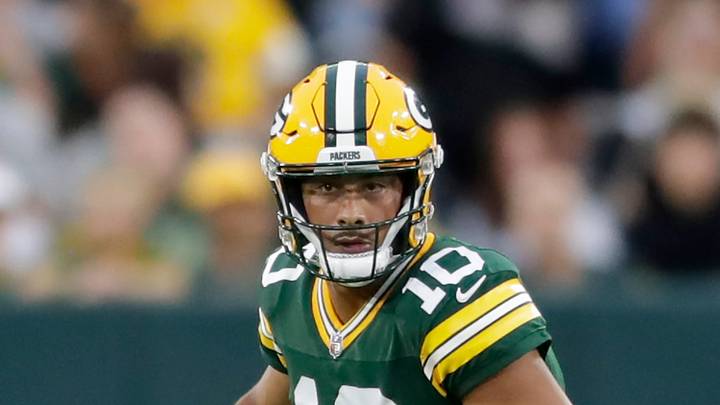 Green Bay Packers quarterback Jordan Love (10) against the New York Jets during their football game on Saturday, August 9, 2025, at Lambeau Field in Green Bay, Wis.