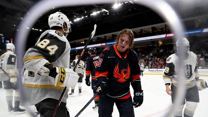 Coachella Valley Firebirds forward Ville Petman (33) picks up his helmet after a fight with Henderson Silver Knights defenseman Brandon Hickey (84) at Acrisure Arena in Palm Desert, Calif., on Sunday, April 9, 2023.
Firebirds Fall To Henderson Silver Knights5820 Coachella Valley Firebirds forward Ville Petman (33) picks up his helmet after a fight with Henderson Silver Knights defenseman Brandon Hickey (84) at Acrisure Arena in Palm Desert, Calif., on Sunday, April 9, 2023.
Firebirds Fall To Henderson Silver Knights5820