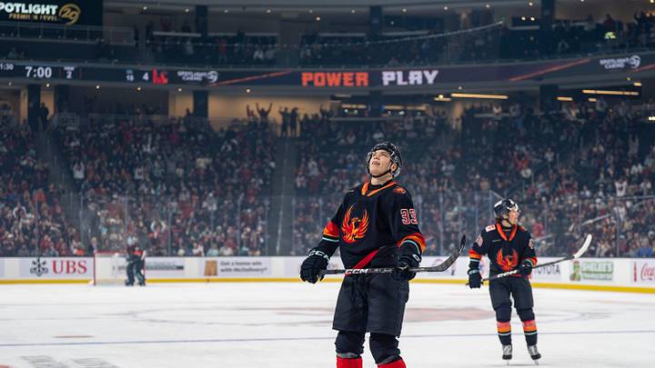 Firebirds forward Jani Nyman celebrates his goal during the second period at Acrisure Arena in Palm Desert, Calif., Friday, Oct. 2, 2026.