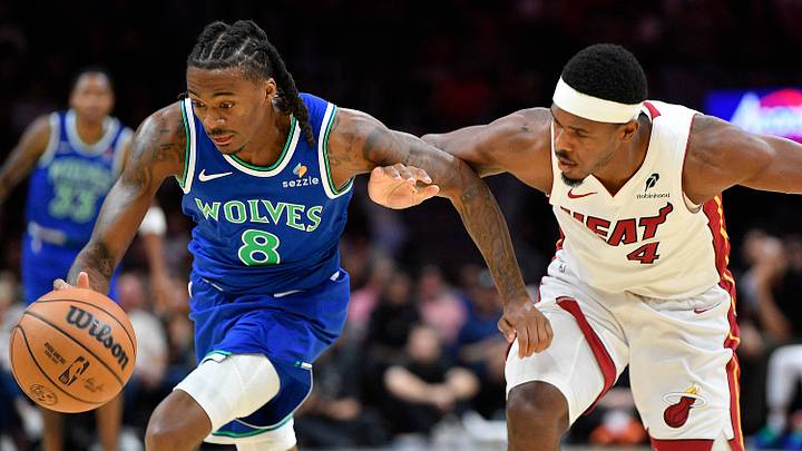 Minnesota Timberwolves point guard Bones Hyland (left) scored 23 points in the team's 125-124 preseason win over the Heat. Minnesota Timberwolves point guard Bones Hyland (left) scored 23 points in the team's 125-124 preseason win over the Heat.