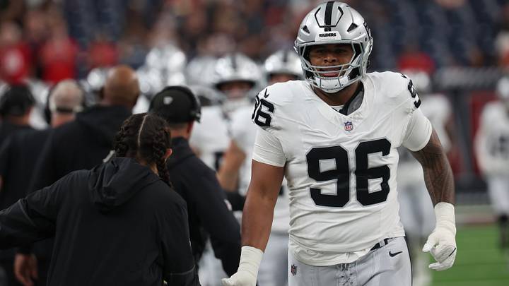Aug 20, 2026; Houston, Texas, USA; Las Vegas Raiders defensive tackle Jonah Laulu (96) enters the filed before the Houston Texans play the Las Vegas Raiders at Reliant Stadium. Mandatory Credit: Thomas Shea-Imagn Images Aug 20, 2026; Houston, Texas, USA; Las Vegas Raiders defensive tackle Jonah Laulu (96) enters the filed before the Houston Texans play the Las Vegas Raiders at Reliant Stadium. Mandatory Credit: Thomas Shea-Imagn Images