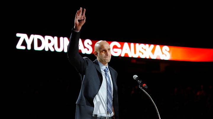 Mar 8, 2014; Cleveland, OH, USA; Former Cleveland Cavalier center Zydrunas Ilgauskas waves during his jersey retirement ceremony at Quicken Loans Arena. Mandatory Credit: David Richard-USA TODAY Sports Mar 8, 2014; Cleveland, OH, USA; Former Cleveland Cavalier center Zydrunas Ilgauskas waves during his jersey retirement ceremony at Quicken Loans Arena. Mandatory Credit: David Richard-USA TODAY Sports