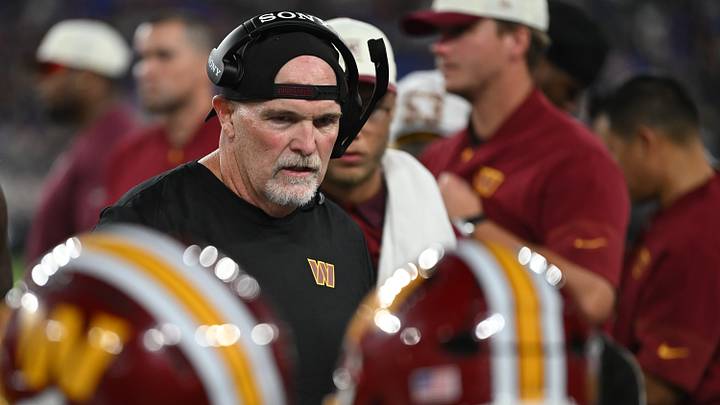 Aug 28, 2026; Baltimore, Maryland, USA;  Washington Commanders head coach Dan Quinn speaks with the defense during the second half against the Baltimore Ravens at M&T Bank Stadium. Mandatory Credit: Tommy Gilligan-Imagn Images