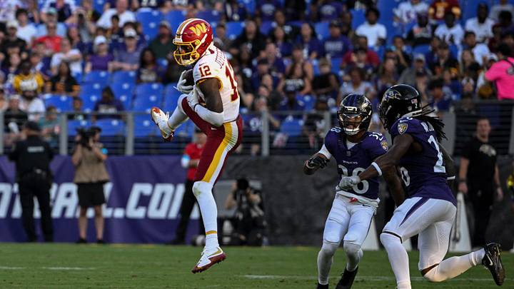 Aug 28, 2026; Baltimore, Maryland, USA; Washington Commanders wide receiver Van Jefferson (12) leaps to make a reception in front of Baltimore Ravens defenders during the first half at M&T Bank Stadium. Mandatory Credit: Tommy Gilligan-Imagn Images Aug 28, 2026; Baltimore, Maryland, USA; Washington Commanders wide receiver Van Jefferson (12) leaps to make a reception in front of Baltimore Ravens defenders during the first half at M&T Bank Stadium. Mandatory Credit: Tommy Gilligan-Imagn Images