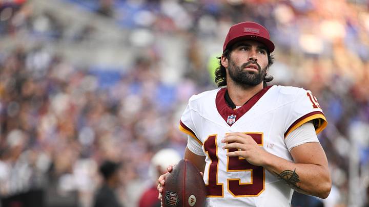 Aug 28, 2026; Baltimore, Maryland, USA;  Washington Commanders quarterback Sam Hartman (15) warms up during the first half against the Baltimore Ravens at M&T Bank Stadium. Mandatory Credit: Tommy Gilligan-Imagn Images