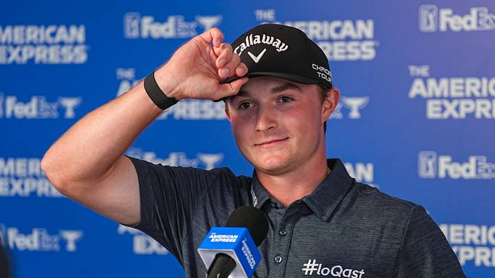Blades Brown takes questions in a media conference after finishing the second round of The American Express in La Quinta, Calif., Friday, Jan. 23, 2026. Blades Brown takes questions in a media conference after finishing the second round of The American Express in La Quinta, Calif., Friday, Jan. 23, 2026.