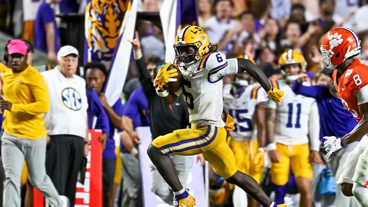 Reciever Winston Watkins 6, LSU Tigers take on the Clemson Tigers.  September 5, 2026; Baton Rouge, Louisiana, USA;  at Tiger Stadium.