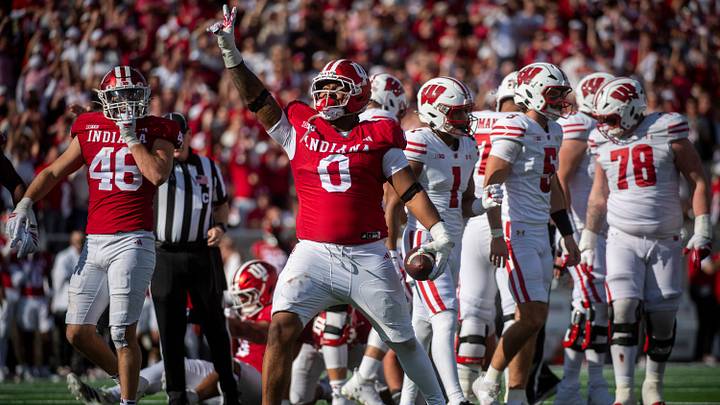 Indiana's Hosea Wheeler (0) celebrates his fumble recovery during the Indiana versus Wisconsin football game at Memorial Stadium on Saturday, Nov. 15, 2025. Indiana's Hosea Wheeler (0) celebrates his fumble recovery during the Indiana versus Wisconsin football game at Memorial Stadium on Saturday, Nov. 15, 2025.