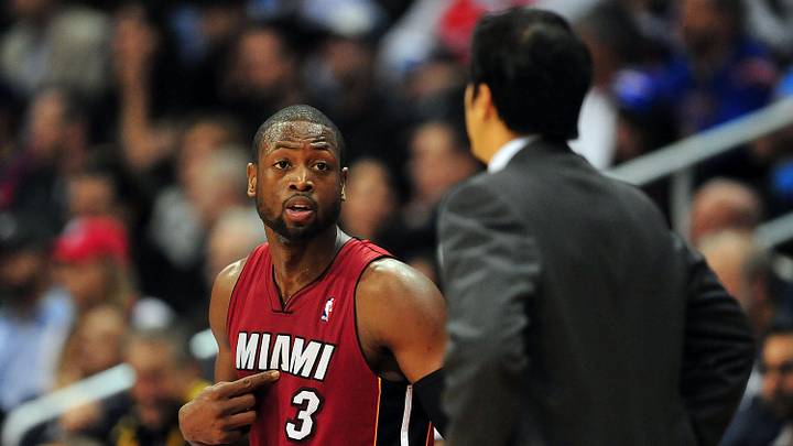 January 12, 2011; Los Angeles, CA, USA; Miami Heat shooting guard Dwyane Wade (3) speaks to head coach Erik Spoelstra against the Los Angeles Clippers during the first half at the Staples Center. Mandatory Credit: Gary A. Vasquez-USA TODAY Sports