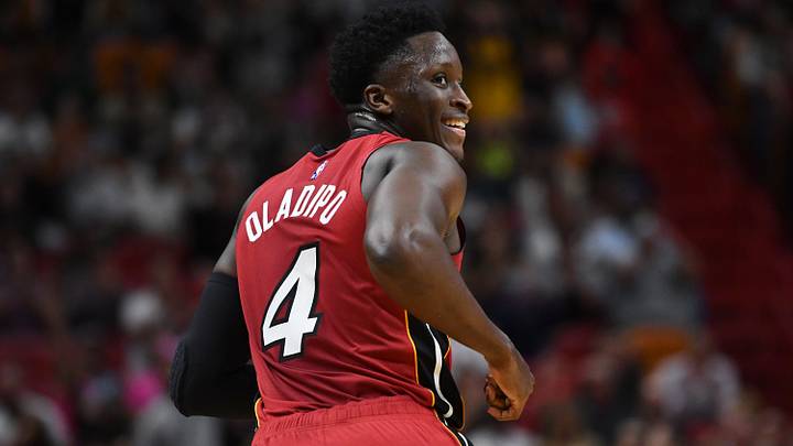 Mar 7, 2022; Miami, Florida, USA; Miami Heat guard Victor Oladipo (4) looks back after making a shot against the Houston Rockets during the first half at FTX Arena. Mandatory Credit: Jim Rassol-USA TODAY Sports Mar 7, 2022; Miami, Florida, USA; Miami Heat guard Victor Oladipo (4) looks back after making a shot against the Houston Rockets during the first half at FTX Arena. Mandatory Credit: Jim Rassol-USA TODAY Sports