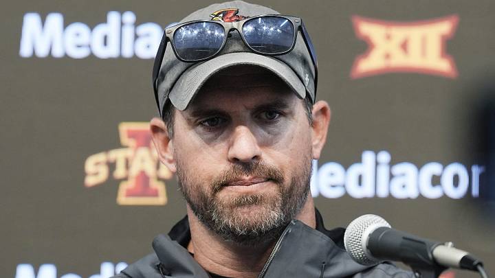 Iowa State football head coach Jimmy Rogers talks to media after first day practice at the university’s Stark Performance Center in Ames, Iowa.