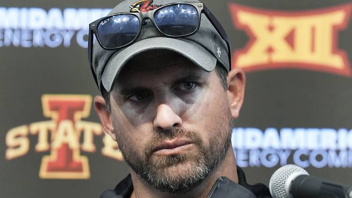 Iowa State football head coach Jimmy Rogers talks to media after first day practice at the university’s Stark Performance Center in Ames, Iowa. Iowa State football head coach Jimmy Rogers talks to media after first day practice at the university’s Stark Performance Center in Ames, Iowa.