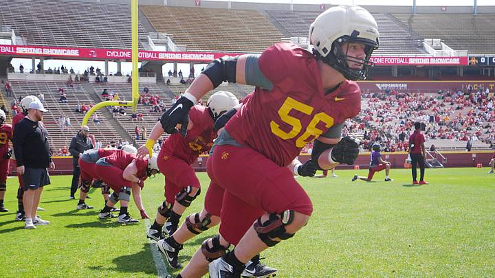 Iowa State offensive line Colin Amick (56) warms up with teammates before the spring football game at Jack Trice Stadium on April 25, 2026, in Ames, Iowa Iowa State offensive line Colin Amick (56) warms up with teammates before the spring football game at Jack Trice Stadium on April 25, 2026, in Ames, Iowa